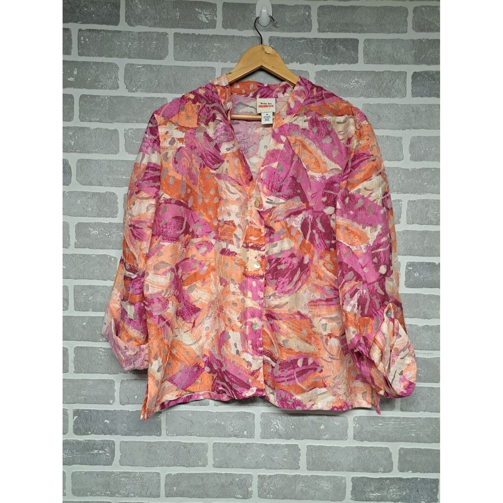 Ruby Rd Favorites Floral Tropical Semi Sheer Roll Tab Sleeve‎ Jacket Top Size 16